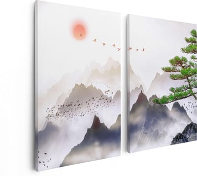 Artaza Canvas Schilderij Tweeluik Bergenlandschap Met Een Boom - Abstract - 80x60 - Foto Op Canvas - Canvas Print