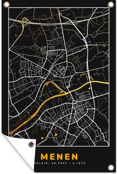 Muurdecoratie Menen - Stadskaart - Goud - Plattegrond - Kaart - 120x180 cm - Tuinposter - Tuindoek