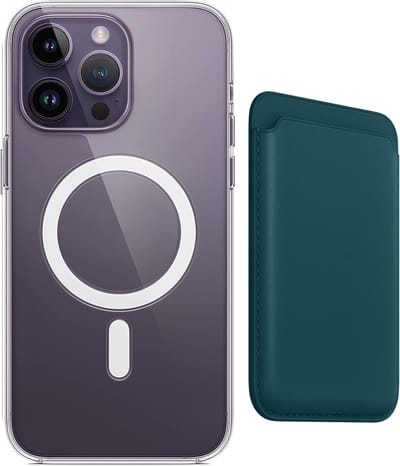Stravo Clear Hoesje met magnetic Wallet Card Holder - Geschikt voor iPhone 14 Pro Max - Beschermhoes met magnetische leren kaarthouder wallet – Ondersteunt draadloos opladen - Blauwgroen