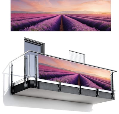 Balkonscherm 300x95 cm - Balkonposter Lavendelveld - Zonsondergang - Paars - Bloemen - Balkon scherm decoratie - Balkonschermen - Balkondoek zonnescherm