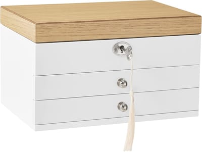 Famanu – Sieradendoos met drie lagen en lades, houten sieradenopbergdoos voor ringen, oorbellen en kettingen, wit