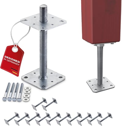 SOTECH set van 12 paaldragers 110 x 110 x 250 mm schroefdraad M24 staal thermisch verzinkt draagvoet in hoogte verstelbare connector om vast te schroeven weerbestendig