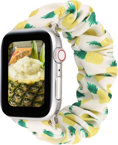 By Qubix - Geschikt voor Apple Watch bandje - Elastisch scrunchie nylon bandje - Ananasprint - Geschikt voor Apple Watch 44mm / 45mm / 46mm / 49mm (Ultra 1,2 en 3) - nylon - bandje iWatch