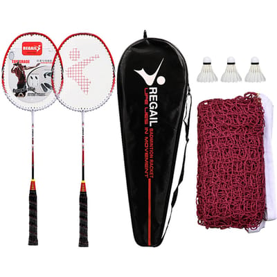 Ensemble de 2 raquettes de badminton pour 2 joueurs avec 3 volants, sac de transport et filet de badminton pour la famille rouge