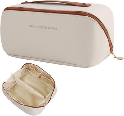 Draagbare Cosmetica Tas met Grote Capaciteit voor Reizen, Ideaal voor Slaapkamer en Badkamer (Bruin-Wit)