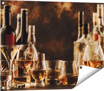 Gards Tuinposter Glazen met Sterke Drank - Flessen - 80x60 cm - Tuindoek - Tuindecoratie - Wanddecoratie buiten - Tuinschilderij