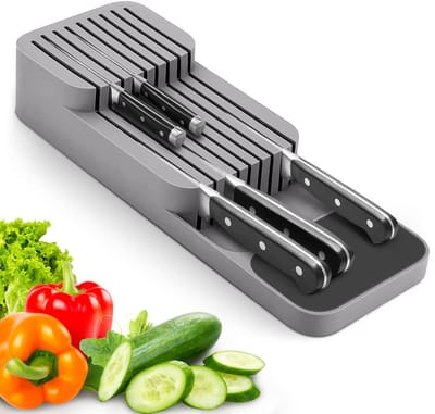 Messenhouder Lade Organizer - Grijs - Compact Dubbel Laags Messenblok - Voor de Meeste Standaard Keukenladen