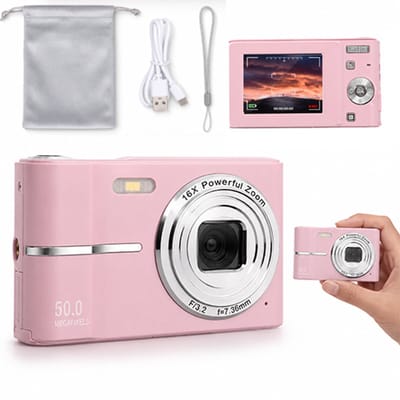 VHV - Digitale camera - Fototoestel - Compact camera - Mini camera - FHD 1080P - Vlog camera - Voor reizen en vakantie - Voor beginners en kinderen - Roze