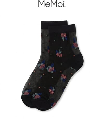 Dames enkelsokken Posy Patch Floral Knit Anklet - 2 Paar - Black / Nude, Maat One Size