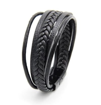 EmmyRovi Herenarmband Zwart Leer 21 cm – Gevlochten Armband met Zwarte Sluiting