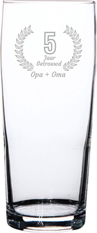 Gegraveerde bierfluitje 19cl Opa + Oma 5 jaar getrouwd