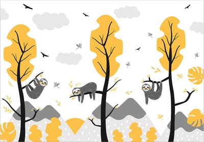 Fotobehangkoning - Behang - Vliesbehang - Fotobehang Vrolijke Luiaards - Luiaards in het Bos - Cute Sloths - 150 x 105 cm