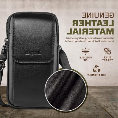 Multifunctionele leren schoudertas met dubbele rits, vintage uitstraling, ideaal voor mobiel, belt bag en outdoor activiteiten, zwart, maat S