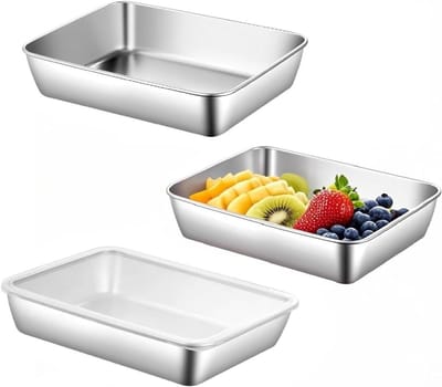 Set van 3 RVS Paneerbakschalen 25 × 19 × 5 cm met Deksel voor Vlees, Vis en Groenten, Vaatwasmachinebestendig
