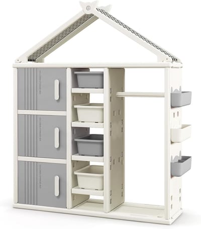 KOMFOTTEU Grote kledingkast voor kinderen, opbergmeubel voor kinderen in de vorm van een huis, met kledingstang, 5 planken, 3 in hoogte verstelbare manden, 123 x 34 x 156 cm (grijs)