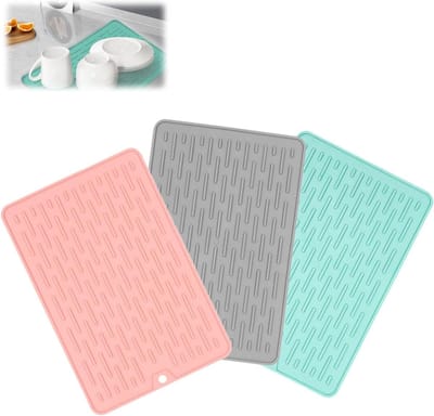 Servies Afdruipmat - Set van 3 Stuks in Blauw, Grijs en Roze - Keukenaccessoires voor Afdruipen van Borden - Antislip Siliconen (20 x 30 cm)