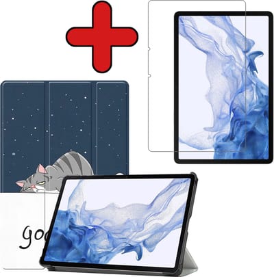 Hoesje - Geschikt voor Samsung Galaxy Tab S8 - Met Screenprotector - Hardcover Book Case - Trifold Bookcase Hoes - Hard Cover - Tablethoes - Kat