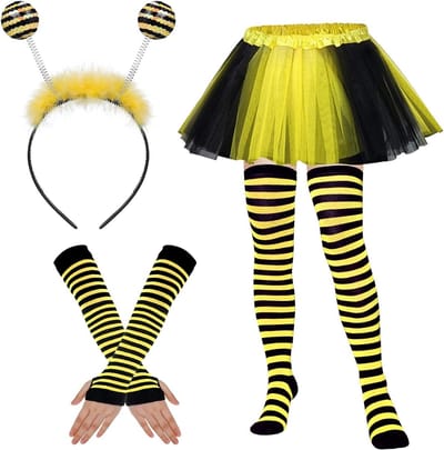 Feestelijk bijenkostuum voor dames met antenne-hoofdband, tule rok en lange handschoenen voor carnaval en Halloween