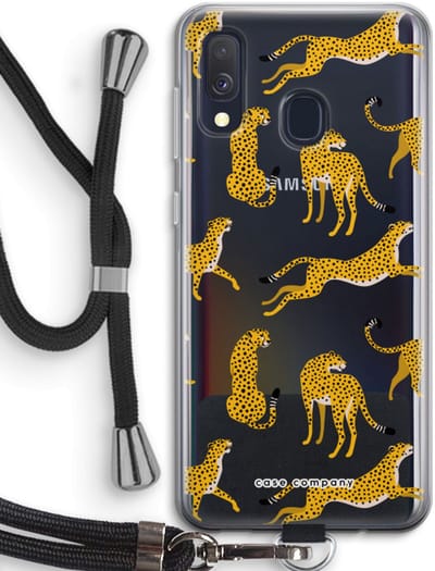 Case Company® - Hoesje met koord geschikt voor Samsung Galaxy A40 hoesje met Koord - Luipaard - Telefoonhoesje met Zwart Koord - Bescherming aan alle Kanten en Over de Schermrand