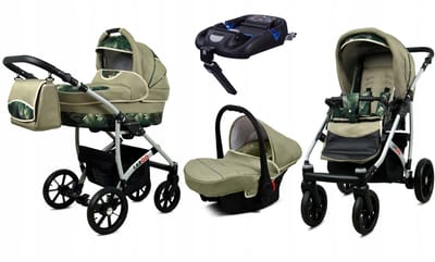 BabyLux® Kinderwagen 4in1 – LARGO - FERN LEAF SILVER FRAME - Opklapbare Wandelwagen incl. Reiswieg, Multifunctionele Buggy Sportstoel, Autostoel, ISOFIX basisstation - Combi-kinderwagen met Luiertas, Regenhoes, Klamboe