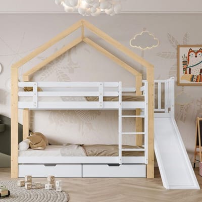 Lit superposé - 90x200 cm - Bois massif - Toboggan - Échelle inclinée sécurisée blanc