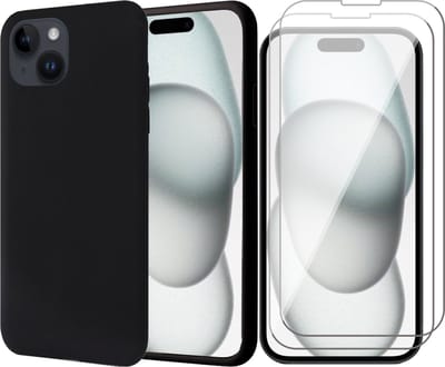 Hoesje geschikt voor iPhone 15 Plus - 2x Screen Protector GlassGuard - Back Cover Case SoftTouch Zwart & Screenprotector