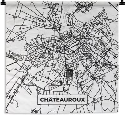 Wandkleed - Wanddoek - Kaart – Plattegrond – Châteauroux - Frankrijk – Stadskaart - Zwart wit - 180x180 cm - Wandtapijt