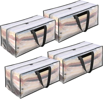 Extra grote opbergzakken 90 l, waterdicht en transparant, met ritssluiting en sterke handgrepen, perfect voor kleding, dekbedden en reizen, set van 4 stuks