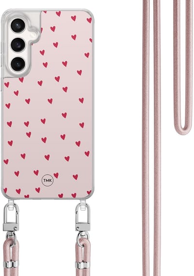 Telefoonhoesje met koord geschikt voor Samsung S24 FE - Cute hearts - Inclusief Rosegoud koord - Transparant, Roze - Print - Crossbody beschermhoes - Met Telefoonketting