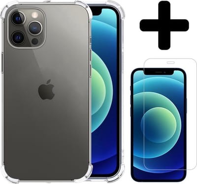 Hoesje - Met Screenprotector - Geschikt voor Apple iPhone 12 Pro - Sterk & Shockproof - Siliconen Case - Back Cover - Telefoon Hoes - Shock Proof - Telefoonhoesjes - Transparant