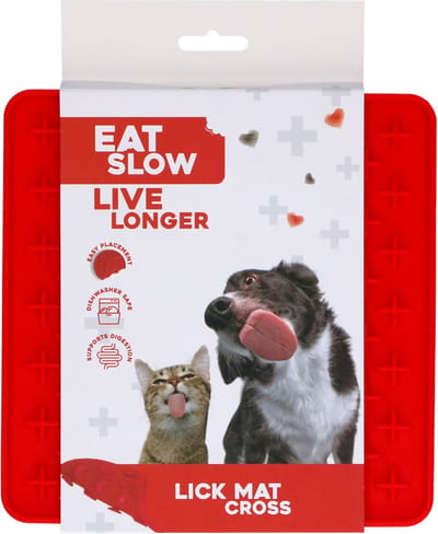 Eat Slow Live Longer Likmat Kruisjes - 19 x 19 cm - Vierkant – Snuffelmat – Anti-schrok Mat – Slowfeeder – Afleiding – Honden en Katten - 100% Siliconen – Vaatwasserbestendig - Voerpuzzel Kat - Rood