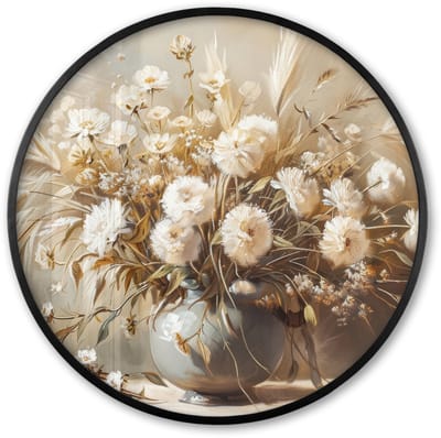 Poster in lijst Rond - Fotolijst 60x60 cm - Posters - Bloemen - Vaas - Stilleven - Beige - Ronde posterlijst zwart - Decoratie - Wanddecoratie woonkamer - Muurdecoratie slaapkamer