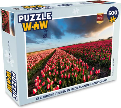 Puzzel Kleurrijke tulpen in Nederlands landschap - Legpuzzel - Puzzel 500 stukjes