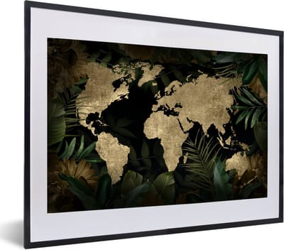 Poster in lijst - Fotolijst 60x40 cm - Posters - Wereldkaart - Vintage - Tropische Planten - Posterlijst zwart - Decoratie - Wanddecoratie woonkamer - Muurdecoratie slaapkamer