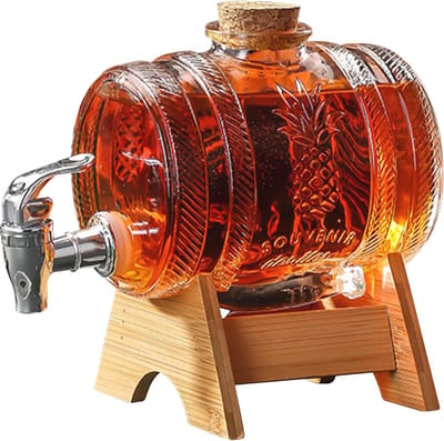 Drankdispenser in vatvorm - 1 liter - Tapkraan - Transparante dispenser met houten onderzetter voor wijn, whisky, limonade