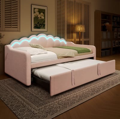 MIVRAY Slaapbank 90x200 180x200 cm - Uitschuifbaar Bed Met Ledverlichting En Golfvormig Hoofdbord - Zonder Matras - Stof En MDF - Roze