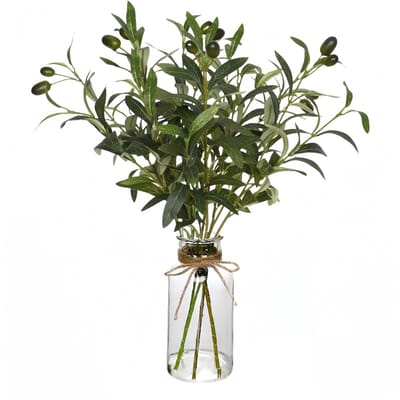 Dailygoods- Kunstplant Kunstmatige Olijftak - Glazen Vaas - Tafeldecoratie - Woonkamerdecoratie - Eettafeldecoratie - Faux Eucalyptusstammen