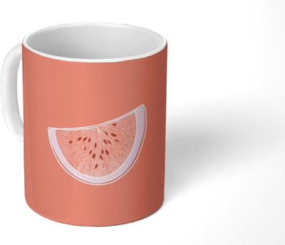 Mok - Koffiemok - Watermeloen - Lijnen - Koraalrood - Mokken - 350 ML - Beker - Koffiemokken - Theemok