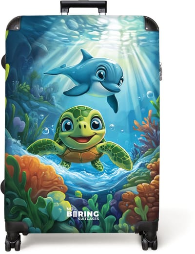 NoBoringSuitcases.com® - Koffer groot - Reiskoffer lichtgewicht - Schildpad en dolfijn in blauwe oceaan - Rolkoffer met 4 wielen - Grote trolley XL - 98 liter bagage