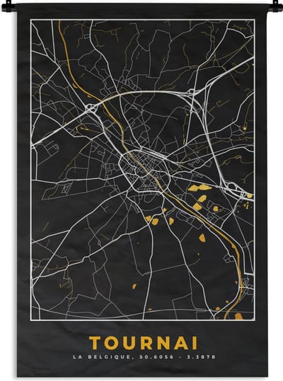 Wandkleed - Wanddoek - Tournai - Stadskaart - Goud - Plattegrond - Kaart - 120x180 cm - Wandtapijt