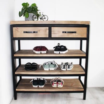 Schoenenkast Denver met 2 lades en 3 schoenenplanken – Handgemaakt hout en staal – Voor 15 paar schoenen – 120 x 30 x 100 cm