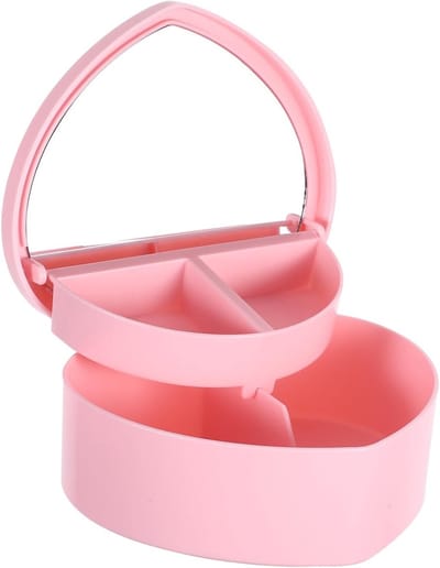 Dubbele Laag Hartvormige Sieradenbox met Spiegel, Stofdichte Opberbox voor Ringen en Kettingen, Kleine Sieraden Organizer voor Meisjes in Roze, Perfect voor Cadeaus en Bewaren