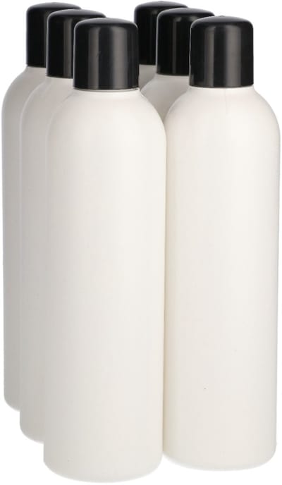 6 x Gerecyclede Plastic Fles 250 ml Schroefdop zwart - Rond- Gerecycled HDPE Kunststof - Onbreekbaar - ca. 70% minder Co2 uitstoot door gerecycled materiaal - 6 stuks