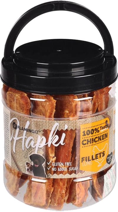 Flamingo Hapki hondensnack - kippenstrips in pot - 500 gr - glutenvrij - geen toegevoegde suikers .