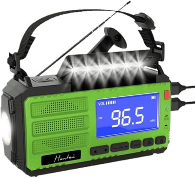 Huntex Noodradio Solar Opwindbaar en USB C - Draagbare AM/FM Radio met 10.000 mAh Powerbank - LED Zaklamp - SOS Alarm - Waterbestendig