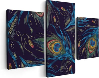 Artaza Canvas Schilderij Drieluik Getekende Pauw Veren Achtergrond - 90x60 - Foto Op Canvas - Canvas Print
