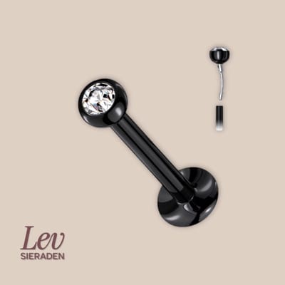 Lev Sieraden - 0.8 x 6mm zwarte pushpin labret met steen - zwart kleurig - Brilliant cut stone - Zirkonia - neuspiercing - tragus piercing - lippiercing - tragus piercing - Oor piercing - Helix - anti allergie nikkelvrij Piercing