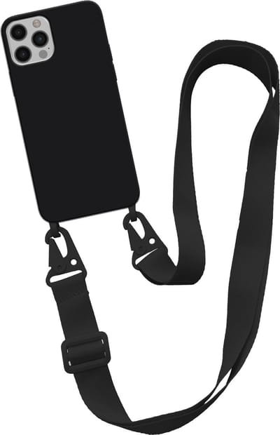 Smartphonica Hoesje met breed koord voor iPhone 12 Pro Max siliconen back cover met zachte binnenkant - Zwart geschikt voor iPhone 12 Pro Max