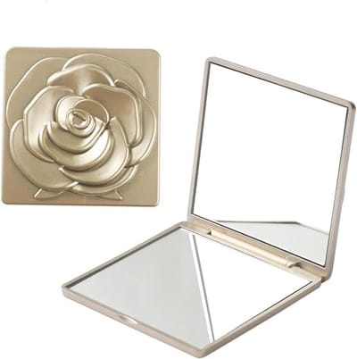 Draagbare Compacte Vouwbare Dubbelzijdige Reismirror met Vergroting en Rozenmotief in Goud voor Gemakkelijk Gebruik en Stijlvolle Look