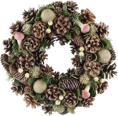 Decoris - Herfstkrans met Dennenappels en Paddenstoelen - Natuurtinten - Ø33cm - Deurdecoratie